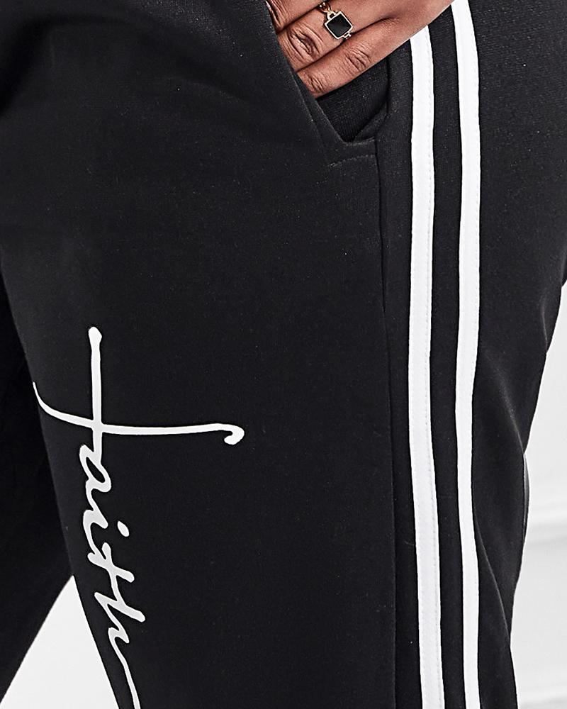 Plus Size Letter Print Long Sleeve Hoodie & Pants Set