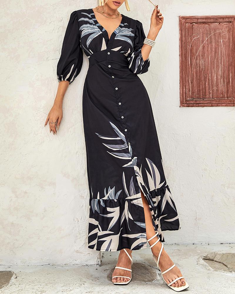 Plants Print Buttoned Plunge Dress