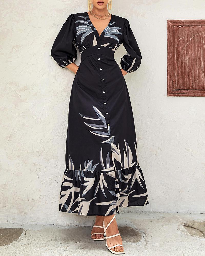 Plants Print Buttoned Plunge Dress
