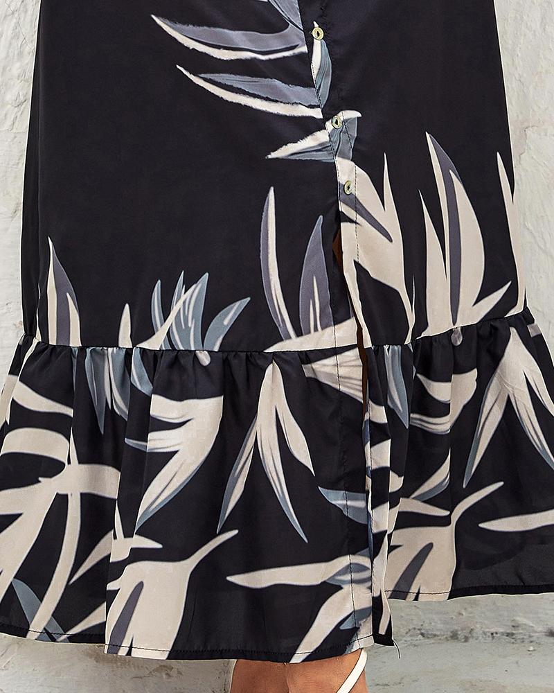 Plants Print Buttoned Plunge Dress