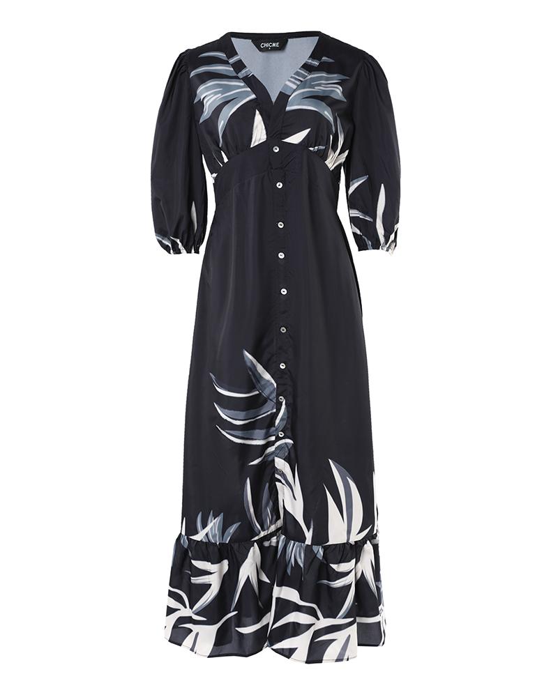 Plants Print Buttoned Plunge Dress