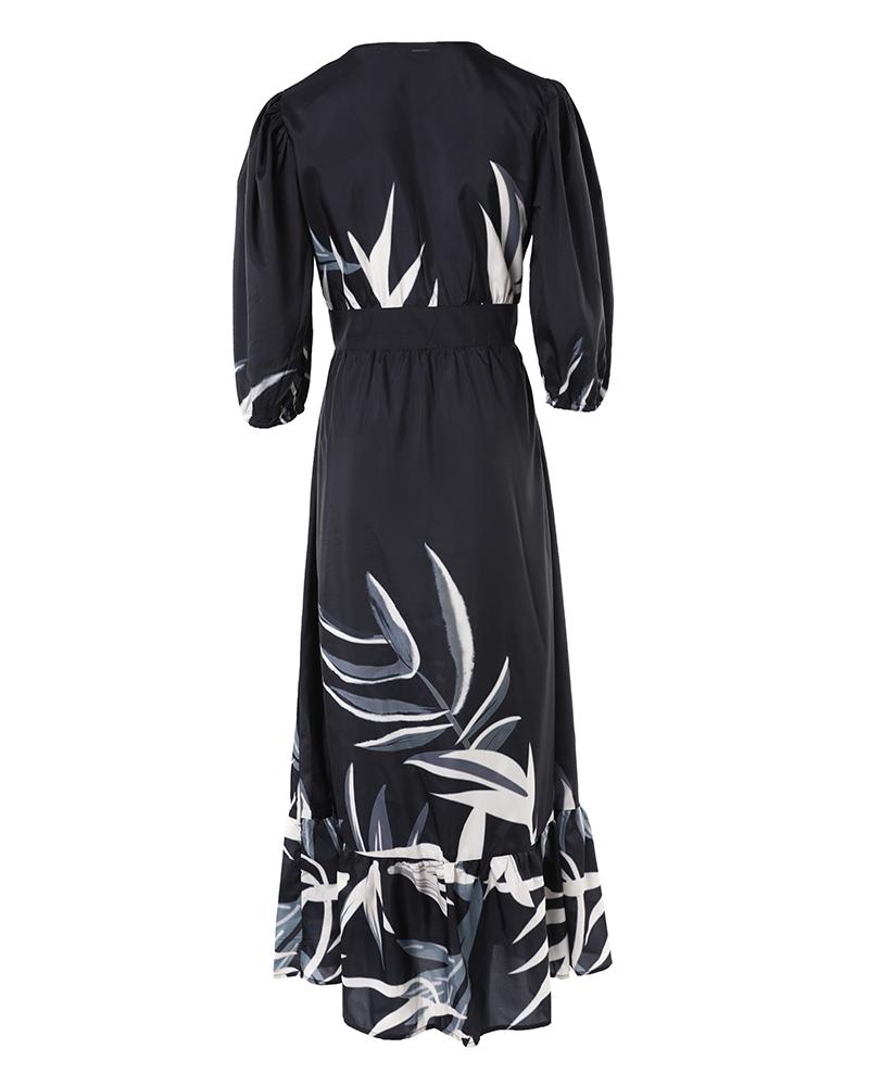 Plants Print Buttoned Plunge Dress