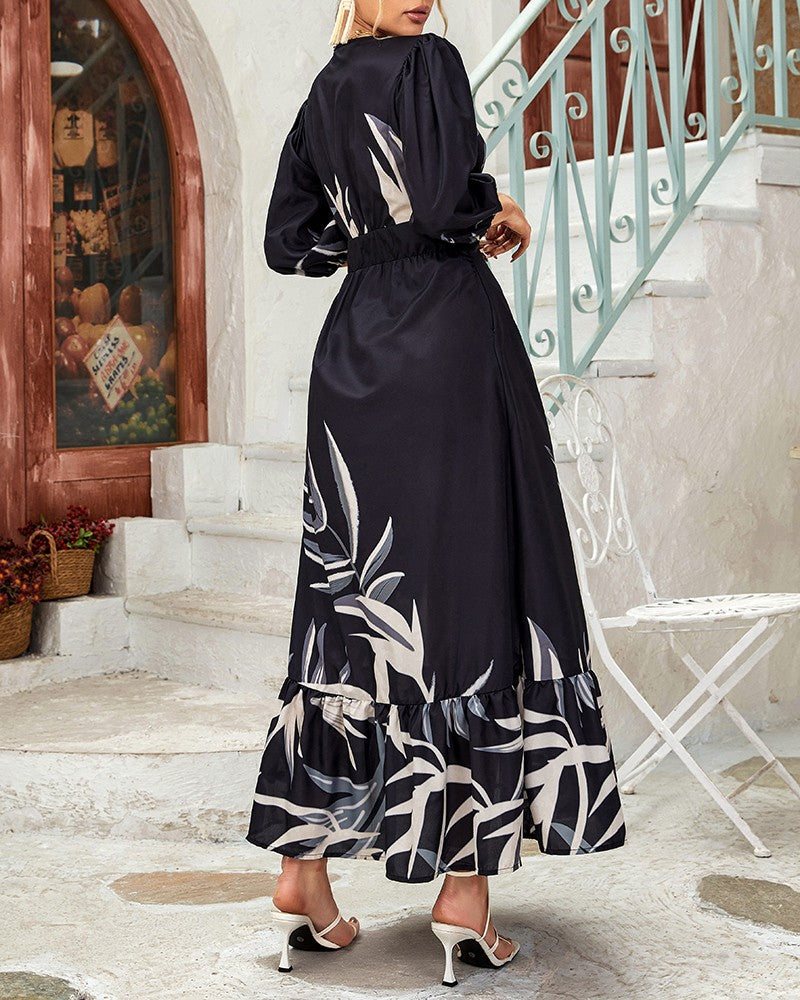 Plants Print Buttoned Plunge Dress