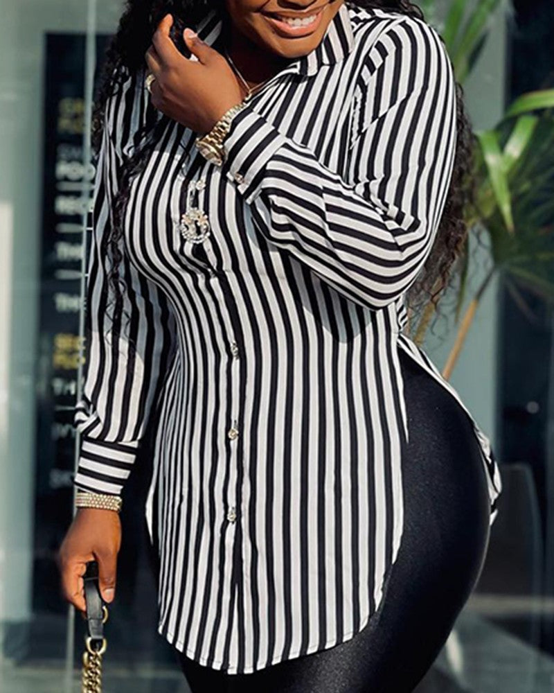 Striped Turn Down Collar Buttoned Slit Casual Shirt