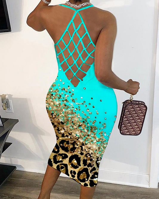 Contrast Leopard Print Fishnet Backless Bodycon Dress