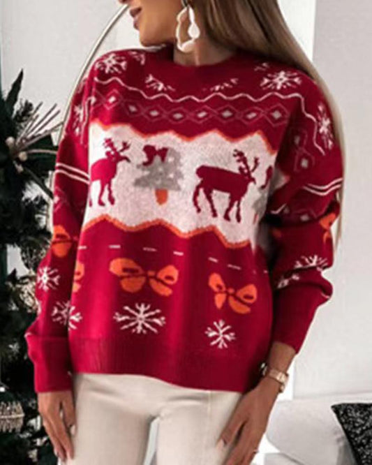 Christmas Elk Snowflake Pattern Long Sleeve Sweater