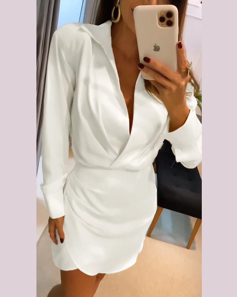 Turn down Collar Ruched Wrap Casual Dress