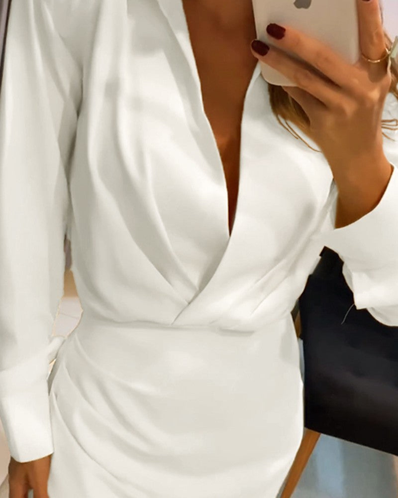 Turn down Collar Ruched Wrap Casual Dress