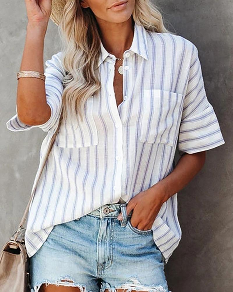 Striped Button Front Pocket Design Shirt