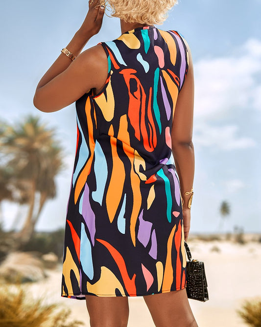 Multicolor Abstract Print Notch Neck Casual Dress