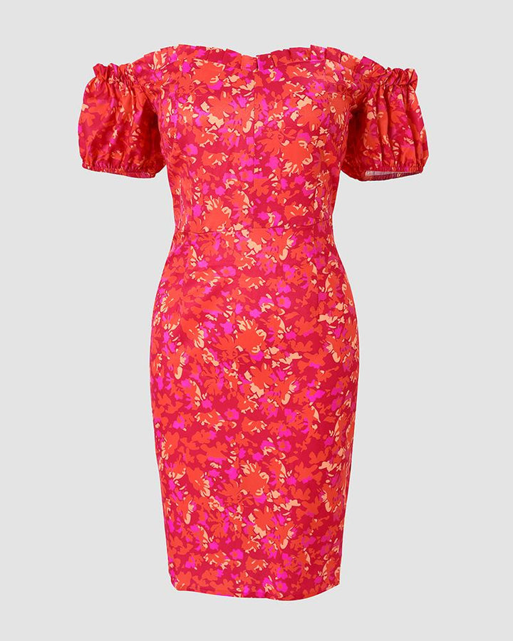Off Shoulder Frill Hem Floral Print Dress