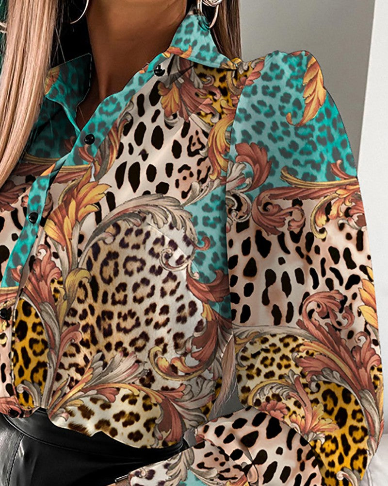 Cheetah Baroque Print Puff Lantern Sleeve Shirt