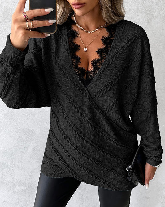Lace Trim Overlap Textured Top