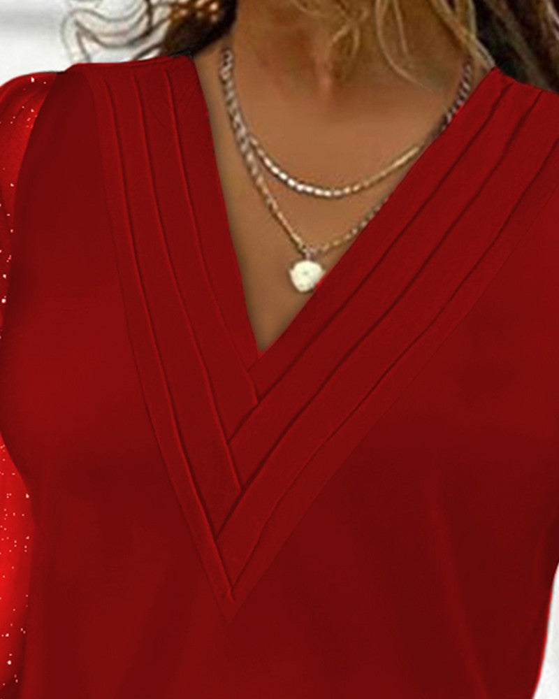 Sheer Mesh Patch Glitter V Neck Top