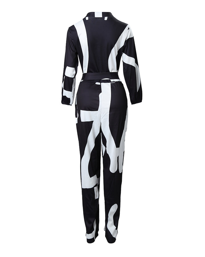 Abstract Print Pocket Decor Long Sleeve Jumpsuit With Belt