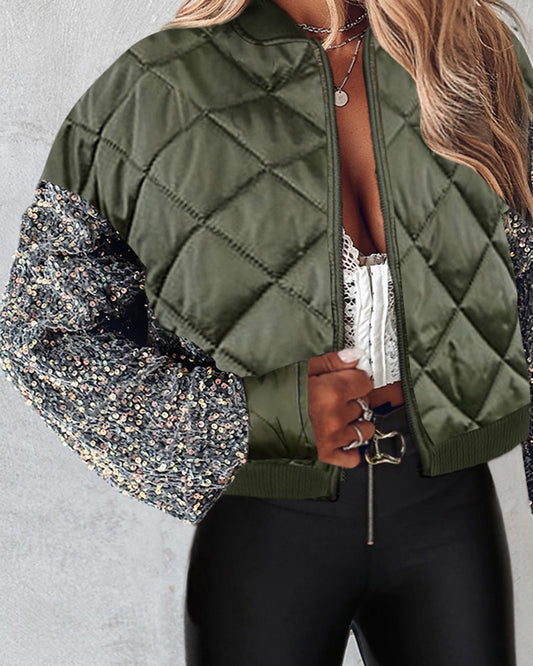 Contrast Sequin Zipper Design Puffer Jacket