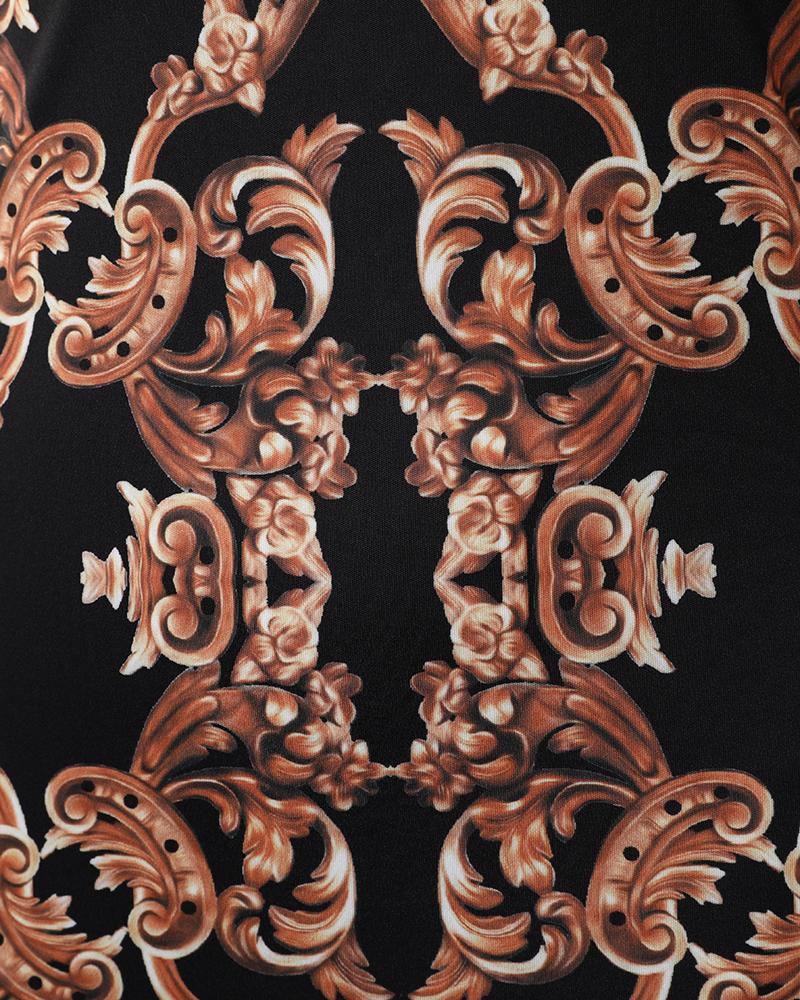 Baroque Print Long Sleeve Midi Dress