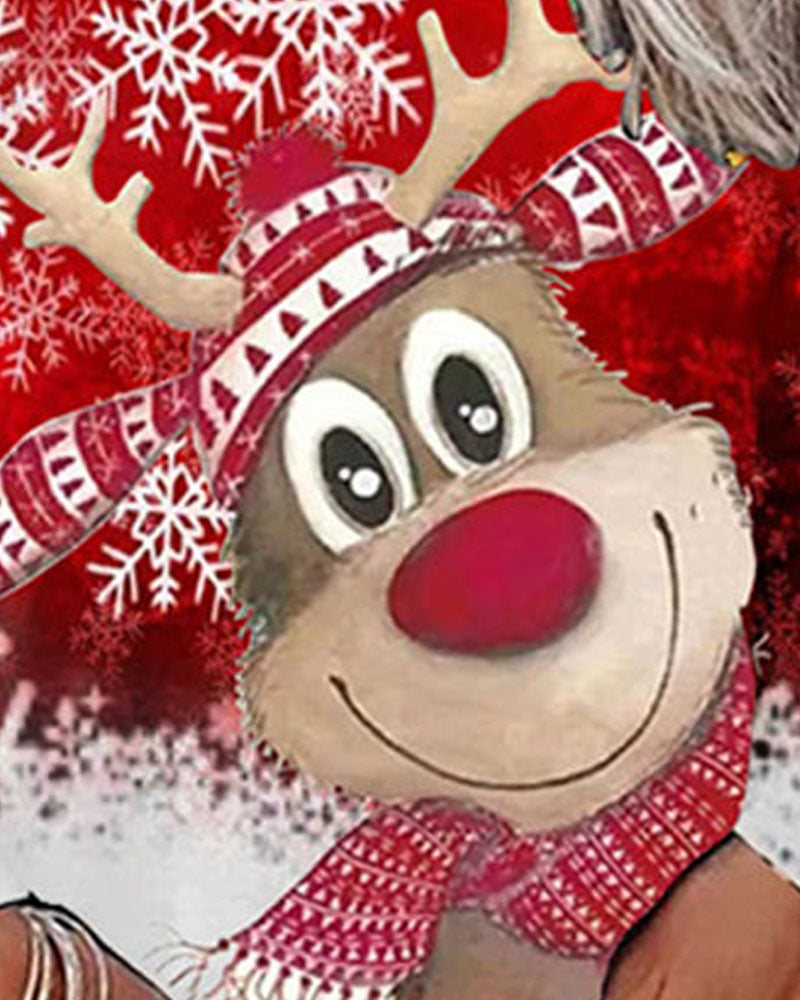 Christmas Tree Snowflake Elk Print Long Sleeve Top