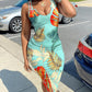 Tropical Print Notch Neck Sleeveless Midi Dress