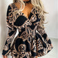 Chain Leopard Print Shirred V Neck Casual Dress
