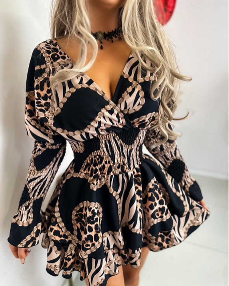 Chain Leopard Print Shirred V Neck Casual Dress