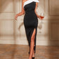 Colorblock One Shoulder Split Evening Dress