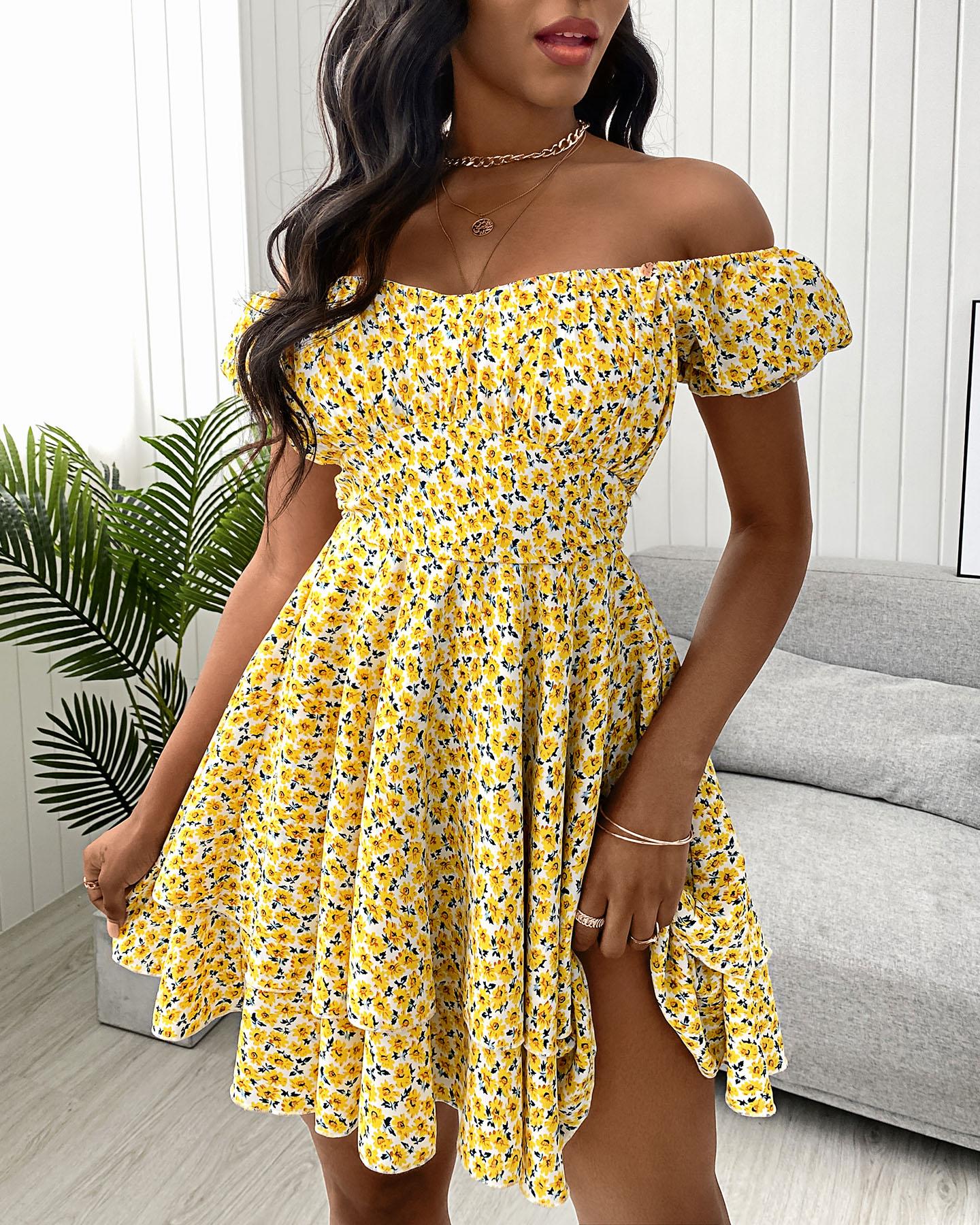 Ditsy Floral Print Off Shoulder Ruffle Hem Dress