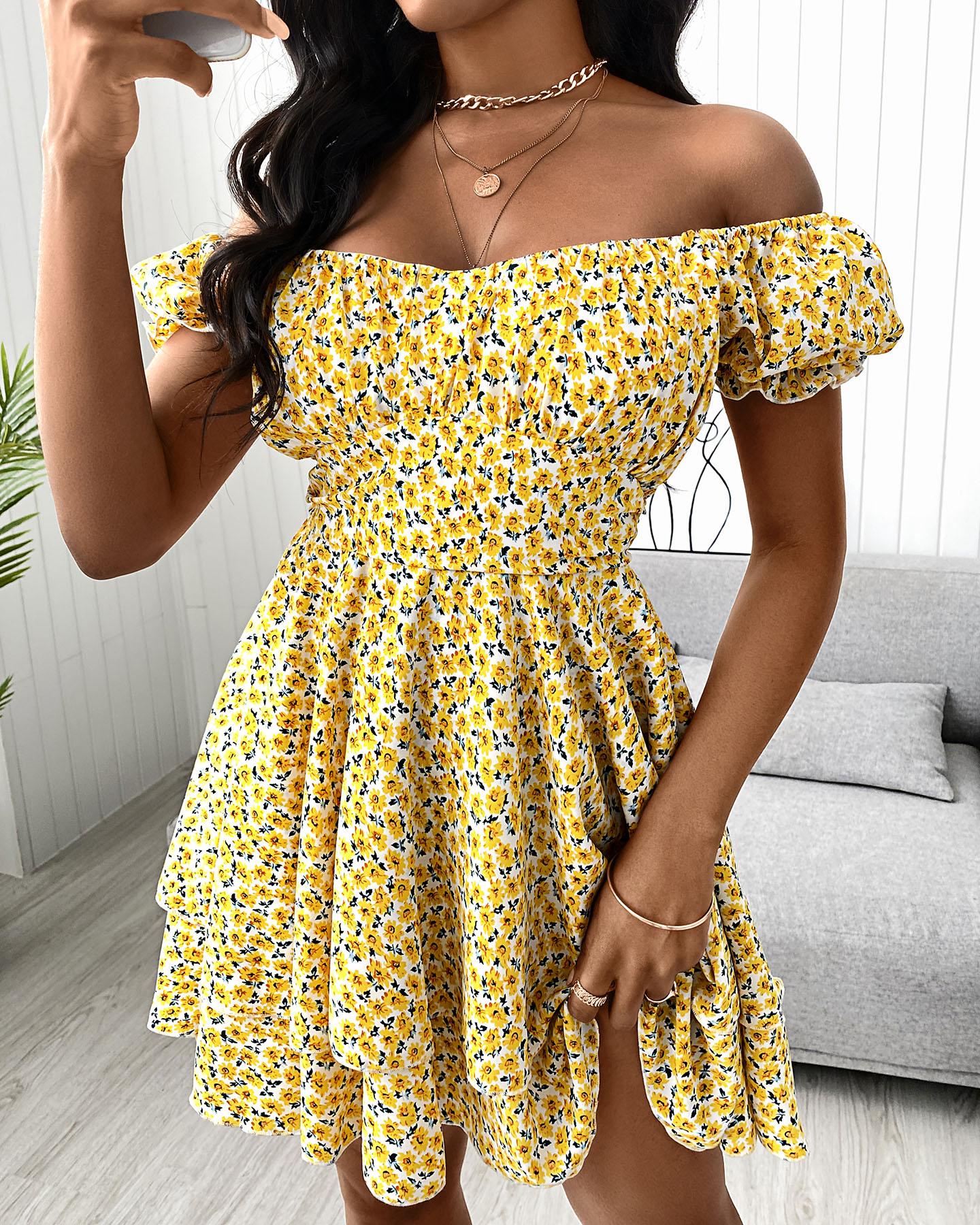 Ditsy Floral Print Off Shoulder Ruffle Hem Dress