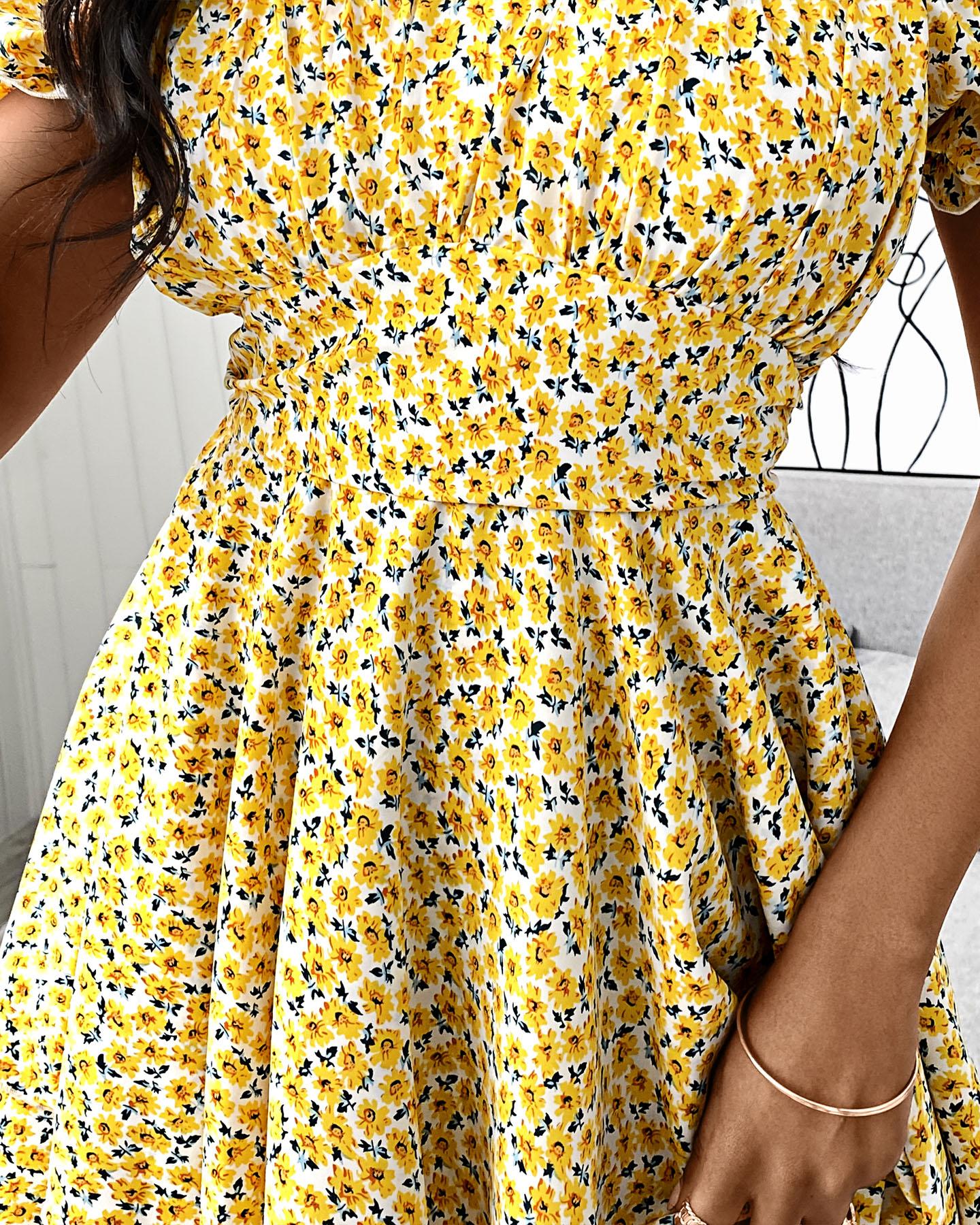 Ditsy Floral Print Off Shoulder Ruffle Hem Dress