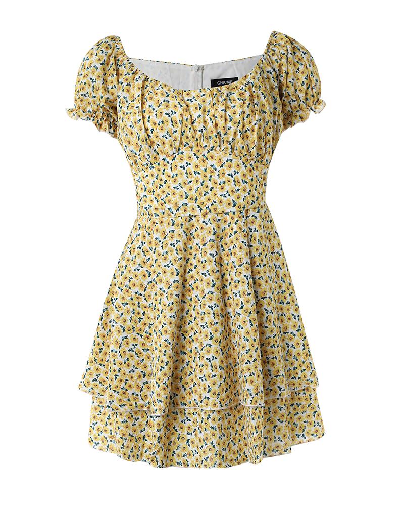 Ditsy Floral Print Off Shoulder Ruffle Hem Dress