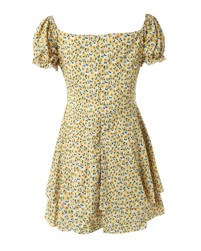 Ditsy Floral Print Off Shoulder Ruffle Hem Dress