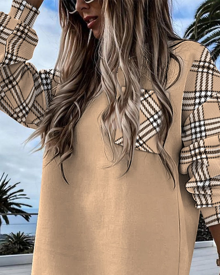 Plaid Print Colorblock Long Sleeve Sweatshirt Dress