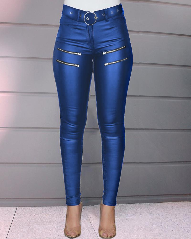 Zipper Design High Waist PU Leather Skinny Pants