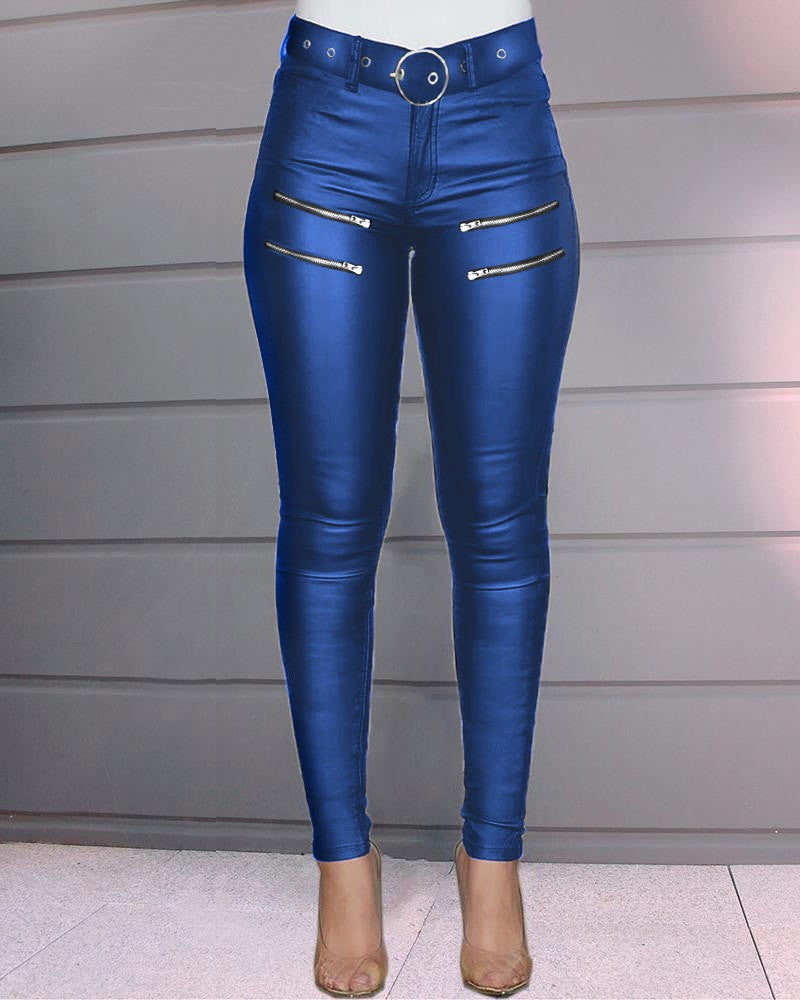 Zipper Design High Waist PU Leather Skinny Pants