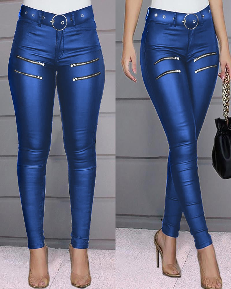 Zipper Design High Waist PU Leather Skinny Pants