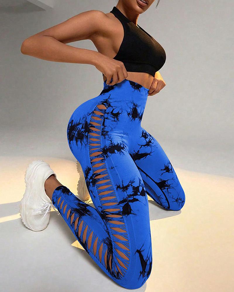 Tie Dye Print Ladder Cutout Sports Yoga Leggings
