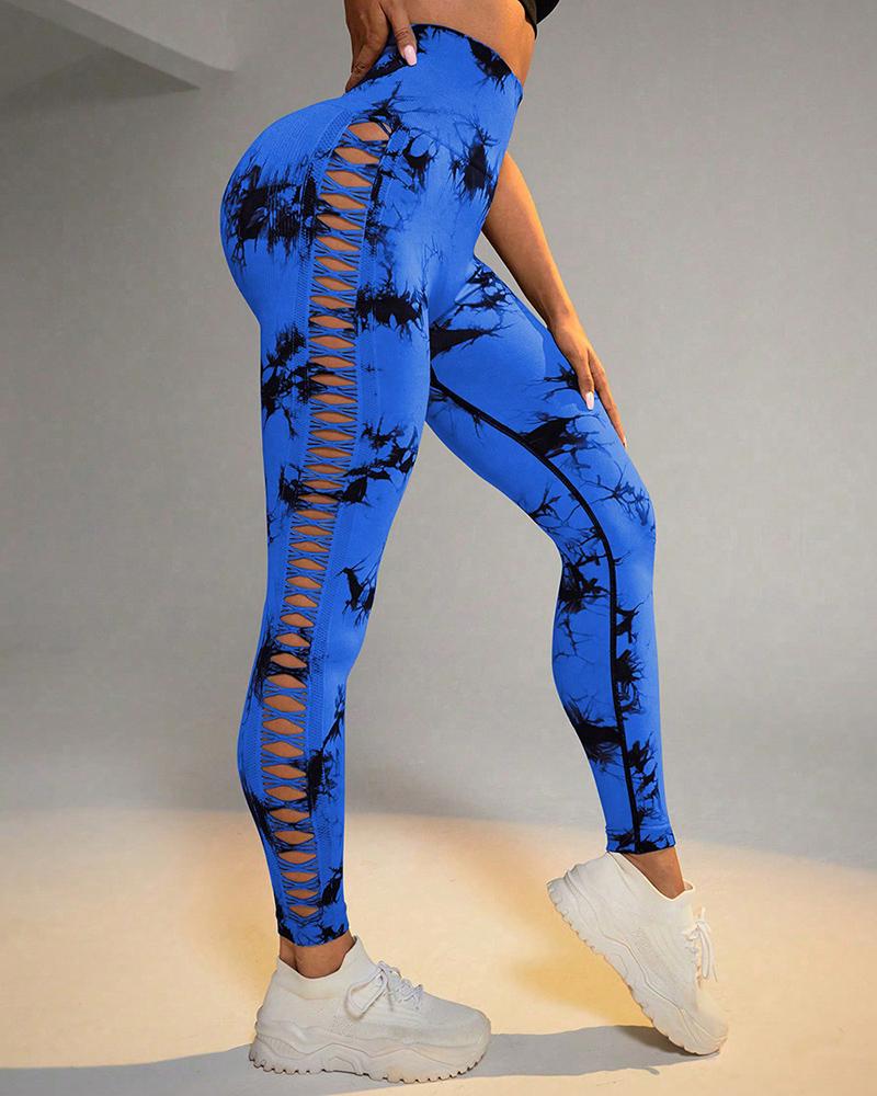 Tie Dye Print Ladder Cutout Sports Yoga Leggings