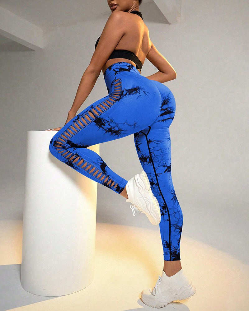 Tie Dye Print Ladder Cutout Sports Yoga Leggings