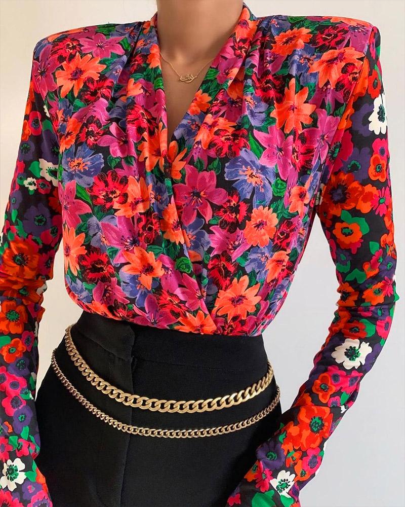 Padded Shoulder Long Sleeve Floral Print Bodysuit