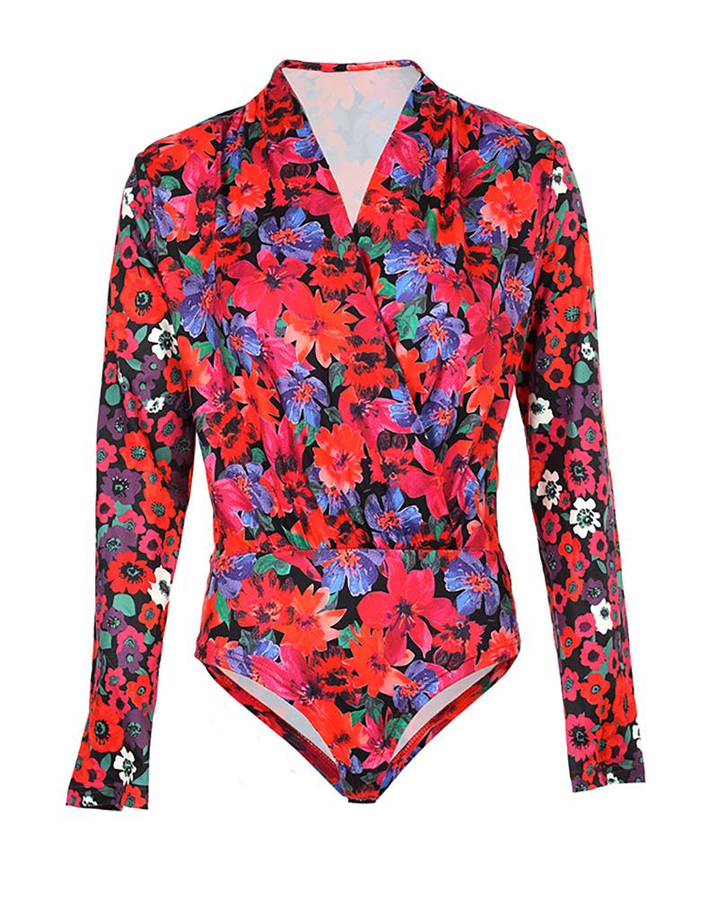 Padded Shoulder Long Sleeve Floral Print Bodysuit