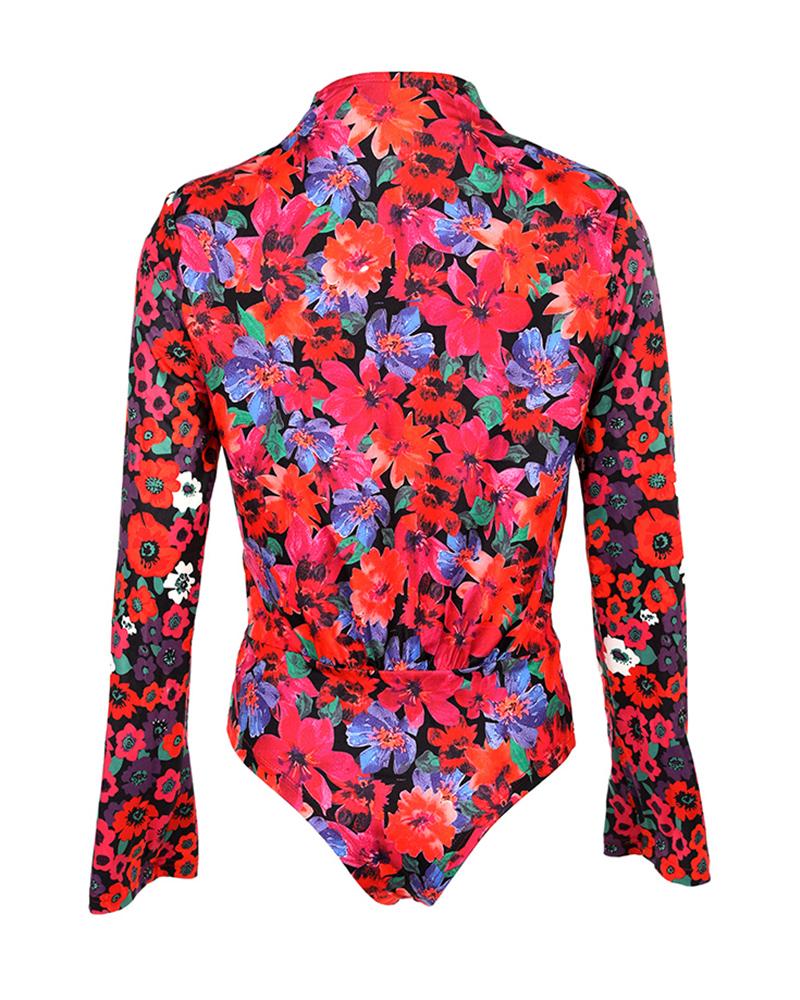 Padded Shoulder Long Sleeve Floral Print Bodysuit