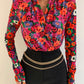 Padded Shoulder Long Sleeve Floral Print Bodysuit