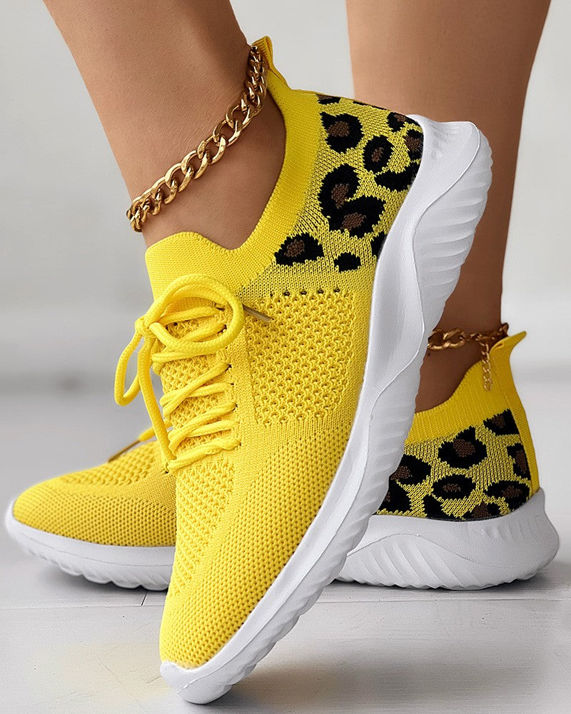 Leopard Lace up Breathable Casual Sneakers