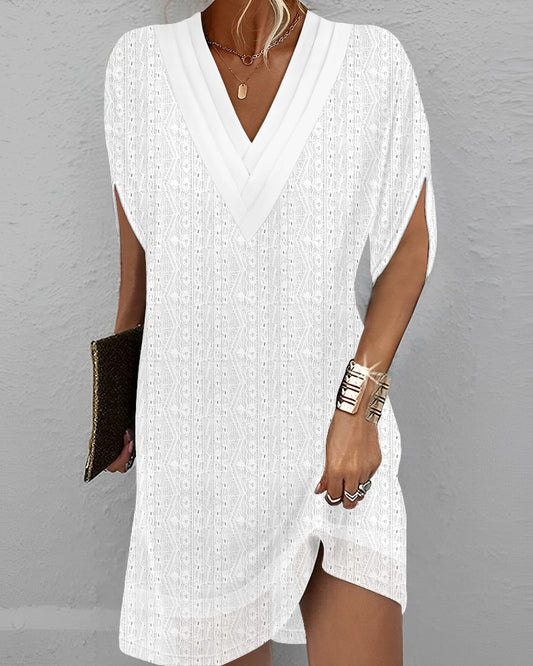 Eyelet Embroidery V Neck Half Sleeve Casual Dress