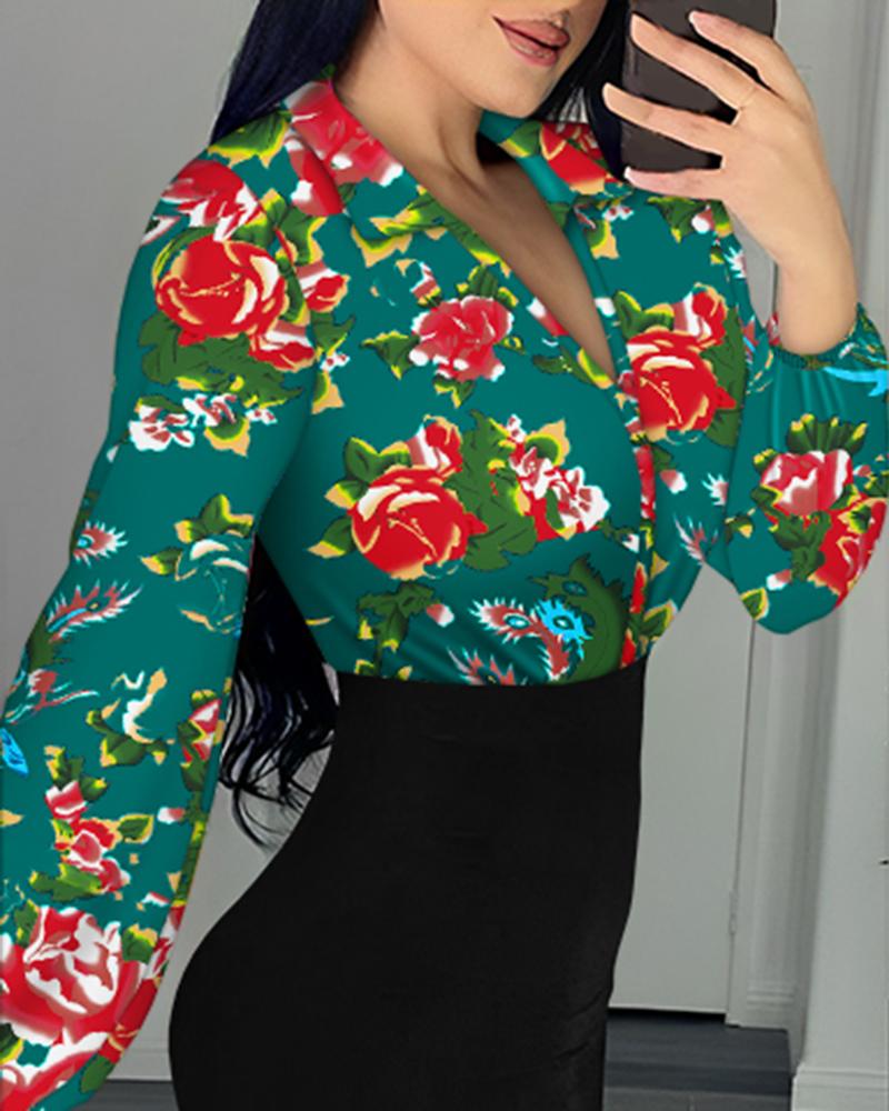 Floral Print Colorblock Lantern Sleeve Bodycon Dress