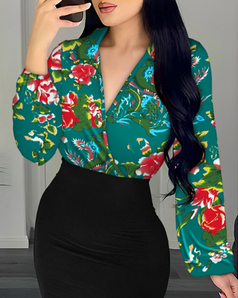 Floral Print Colorblock Lantern Sleeve Bodycon Dress