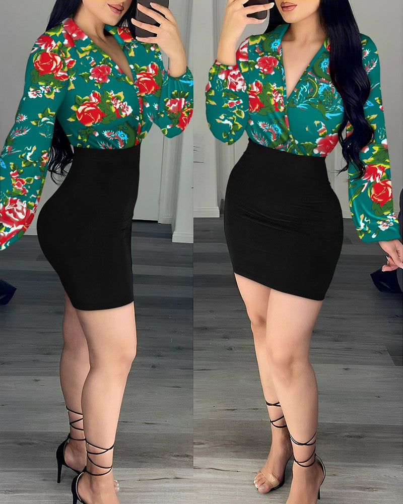 Floral Print Colorblock Lantern Sleeve Bodycon Dress
