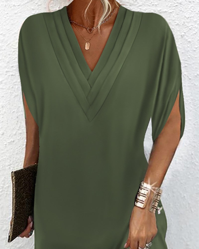 Half Sleeve V Neck Ruched Casual Dress