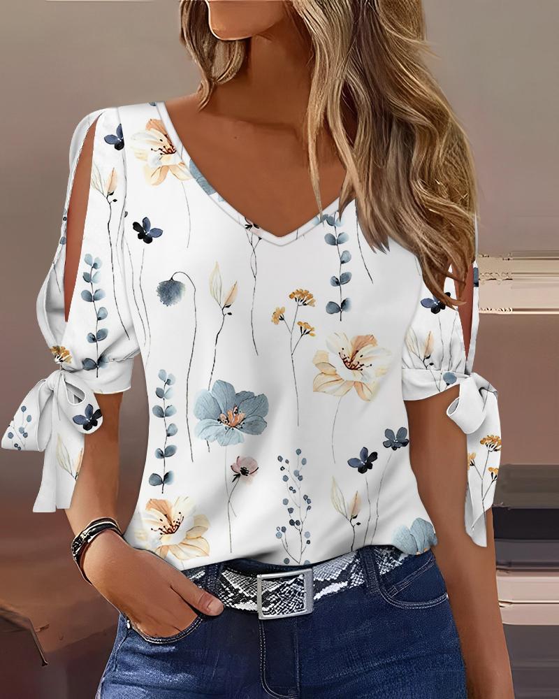 Floral Print Split Sleeve Casual Blouse