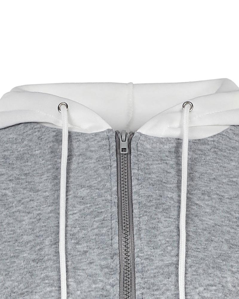 Colorblock Drawstring Zipper Design Hooded Coat